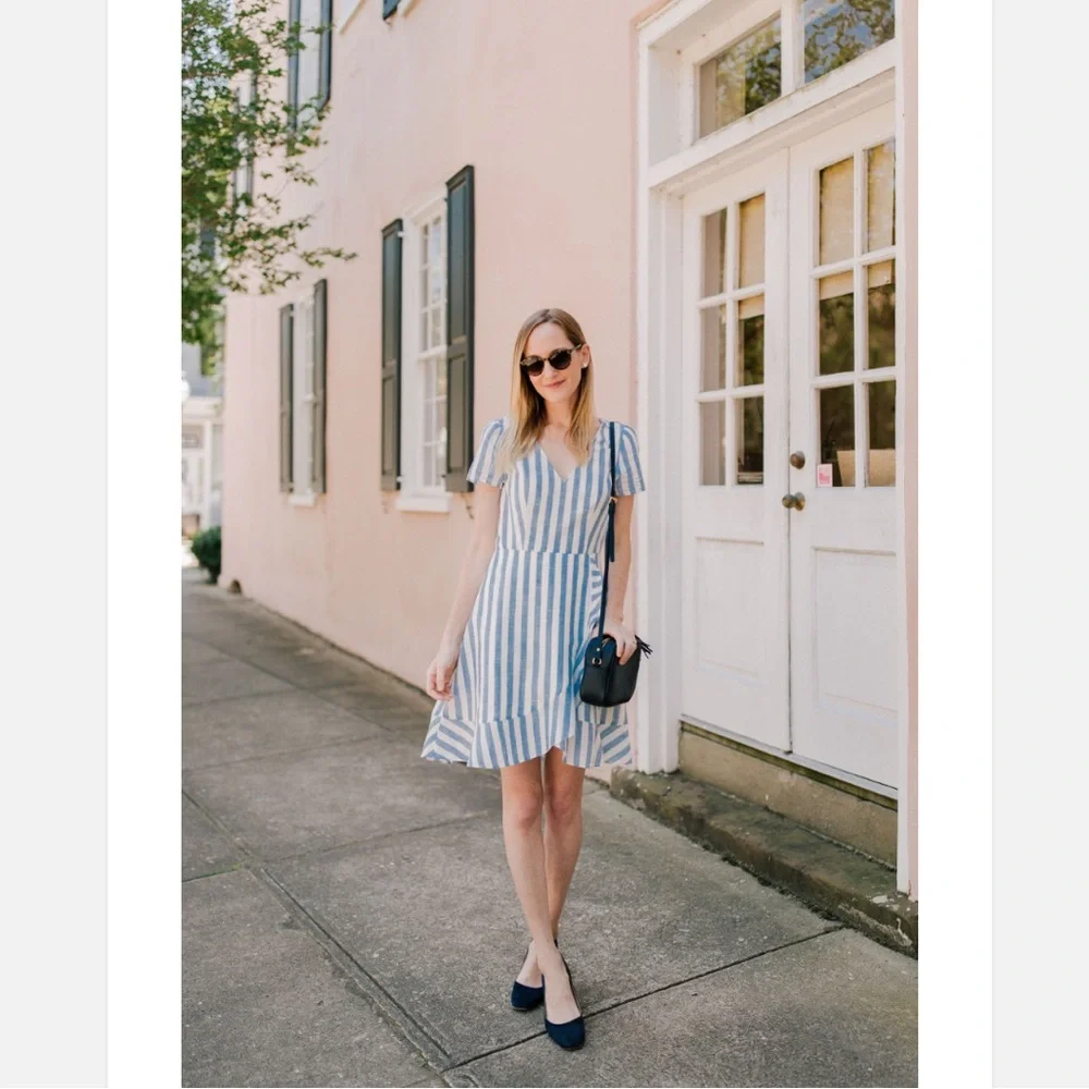 J. Crew Classic Striped Ruffle V-Neck Dress Size 4 Light Blue and Off-White